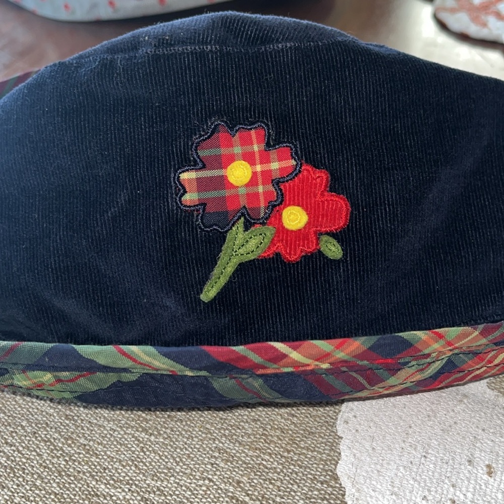 Talbots Kids blue hat with plaid and flowers accented